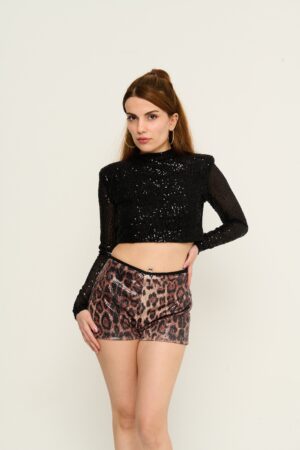 Mini pullu leopar şort